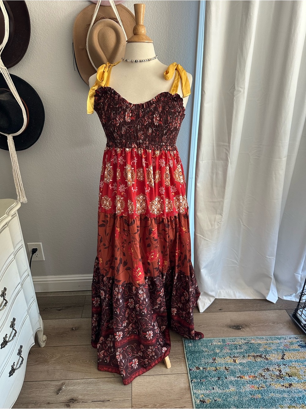 Bohemian Tiered Maxi Dress with Yellow Tie Straps